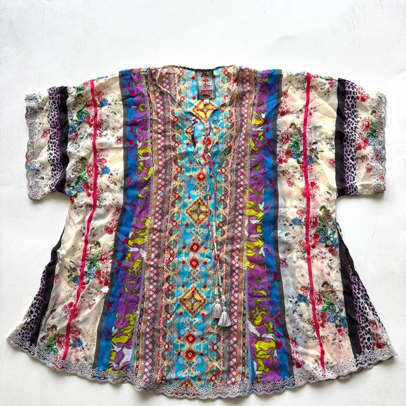 Johnny Was Large tunic with lace trim dolman sleeve mix pattern V neck with ties - Picture 1 of 6